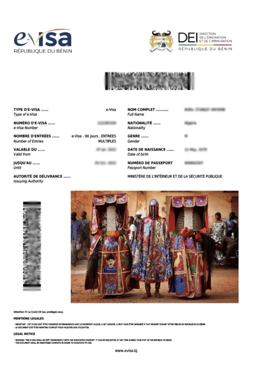 Benin E-Visa Sample