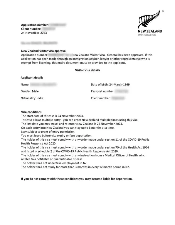 New Zealand e-visa sample