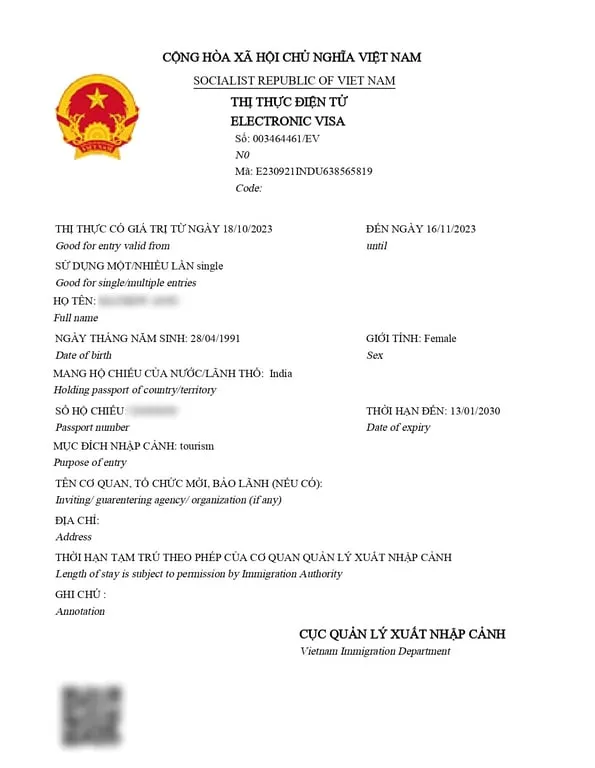 Vietnam visa sample