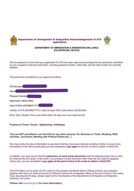 Sri Lanka ETA Sample