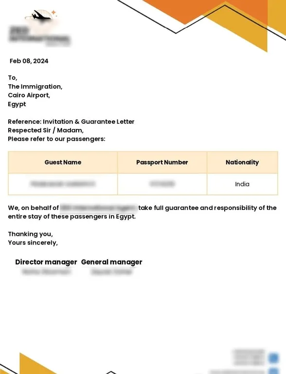 Sample of Authorized Travel Agent Letter of Invitation for Egypt