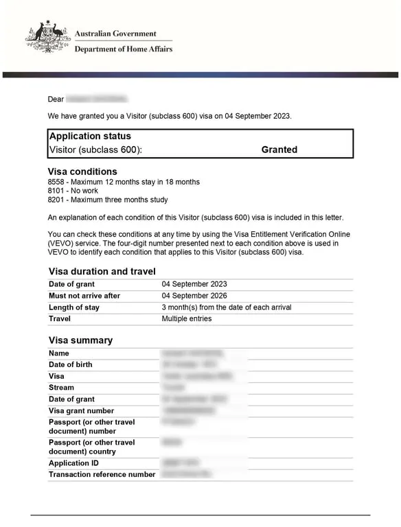 Australia E-Visa Sample